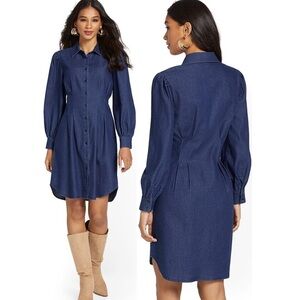 NY&Co Denim Poplin Corset Dark Wash Curved Hem Shirtdress Size Medium NWT